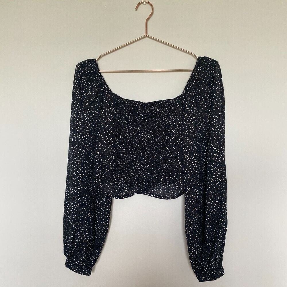 A New Day Boho Black White Balloon Sleeve Blouse Ruched Crop Top Size Medium - Picture 12 of 12